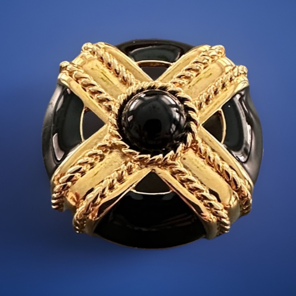 1980s Monet Brooch Vintage Gold Tone & Black Enamel Criss Cross Circle Wheel Pin